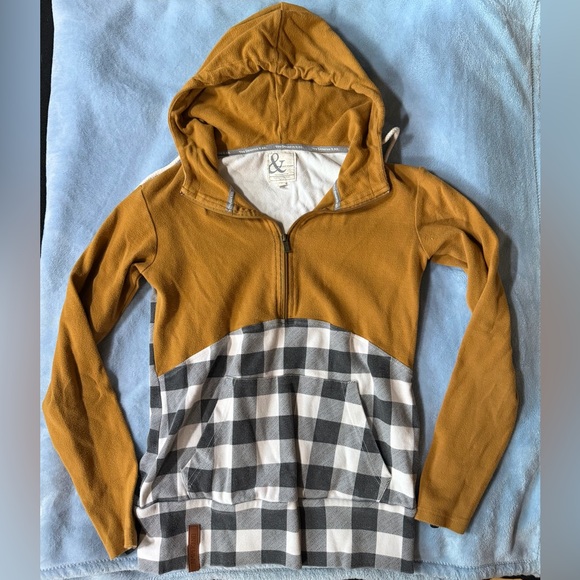 AMPERSAND AVE Tops - AMPERSAND AVE Mustard and Black Plaid Hoodie
